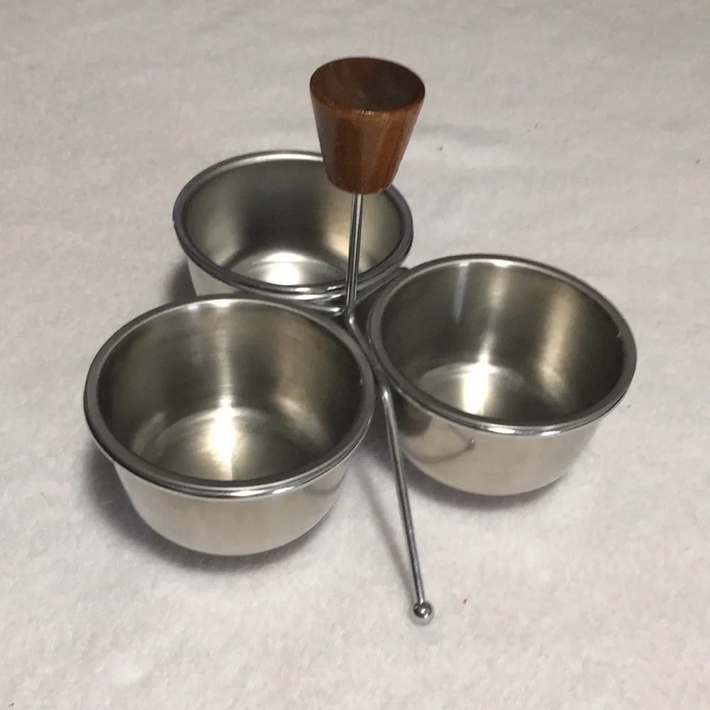 Condiment tray w/bowls. Wooden knob stainless bowls Mid Century Modern vintage